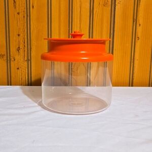Vintage Tupperware 1477, Clear Acrylic Canister, Orange, Sealable Plunger Top